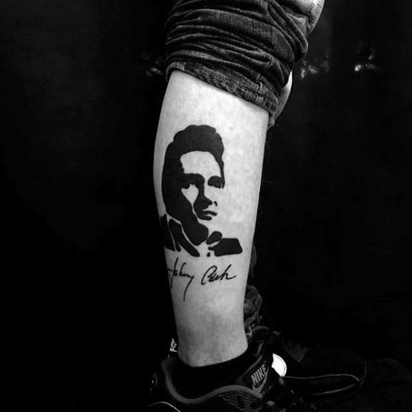 Side Of Leg Signature And Portrait Guys Tattoos With Johnny Cash Design
