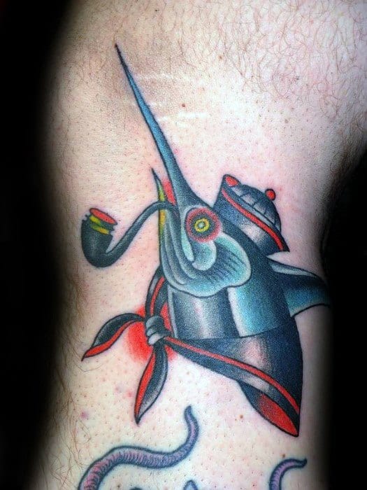 Side Of Leg Swordfish With Pipe And Hat Mens Tattoo Designs