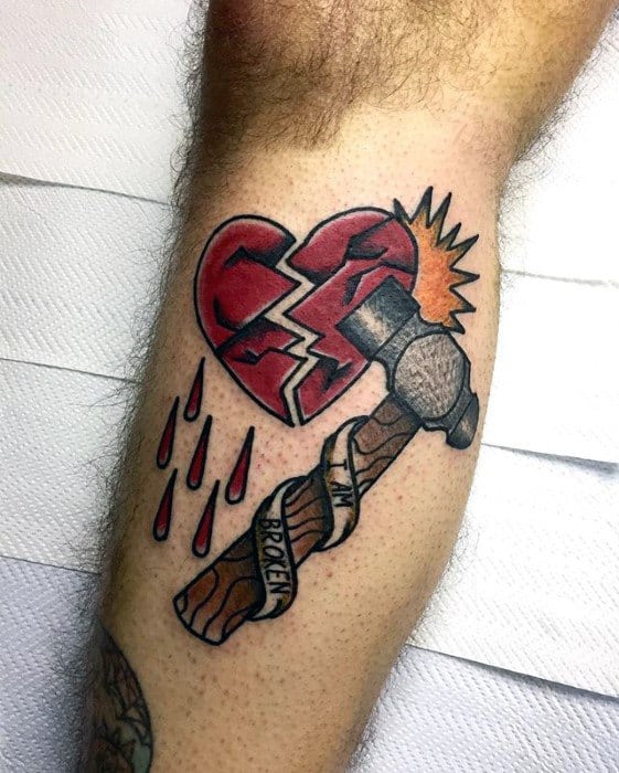 Side Of Leg Traditional Hammer With Broken Heart Male Tattoos