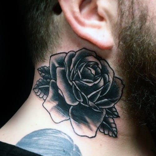Side Of Neck Black Rose Male Tattoos