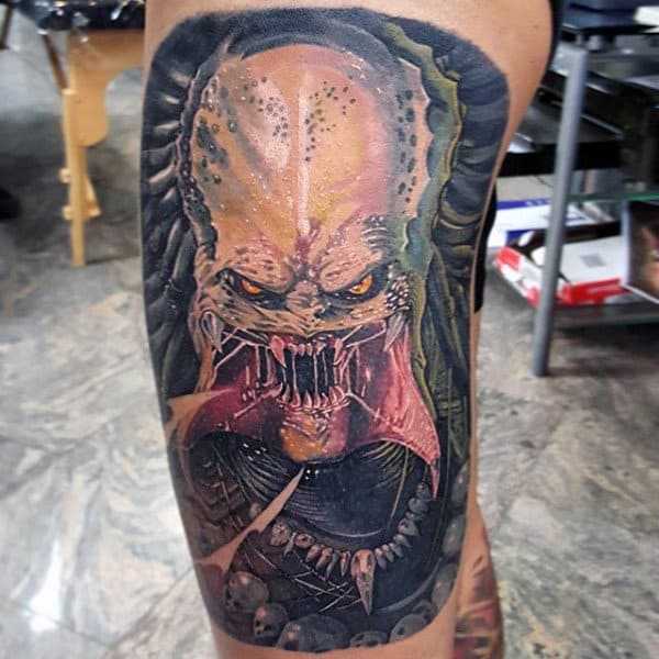 Side Of Thigh Male Alien Vs Predator Tattoos