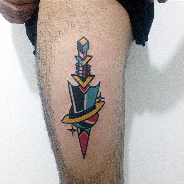 Side Of Thigh Mens Small Colorful Dagger Tattoo Designs