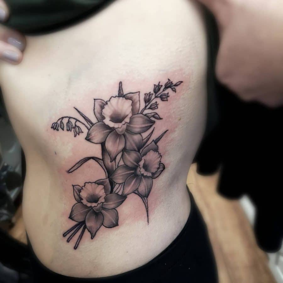 Side Piece Trio Of Daffodils Well Scaled Black And Gray Tattoo