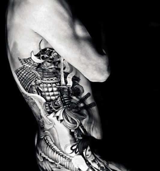 Side Rib Cage Japanese Samurai Mask Tattoo Designs For Males