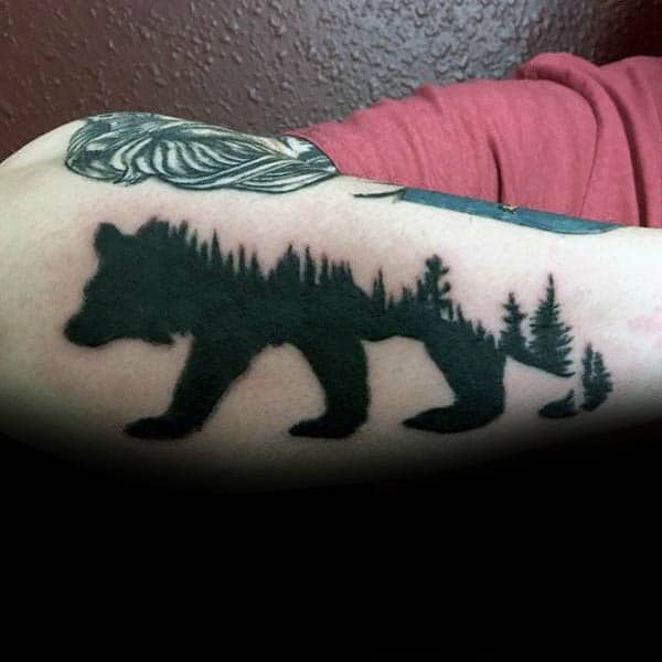 Silhouette Bear Trees Mens Outer Forearm Tattoo