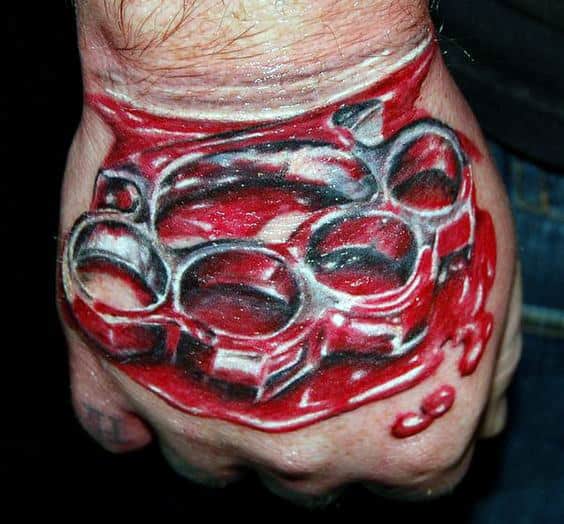 Silver Brass Knuckles With Red Blood Mens Hand Tattoo
