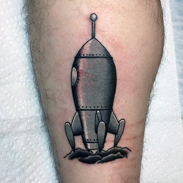 Silver Metallic Rocket Ship Mens Leg Tattoo