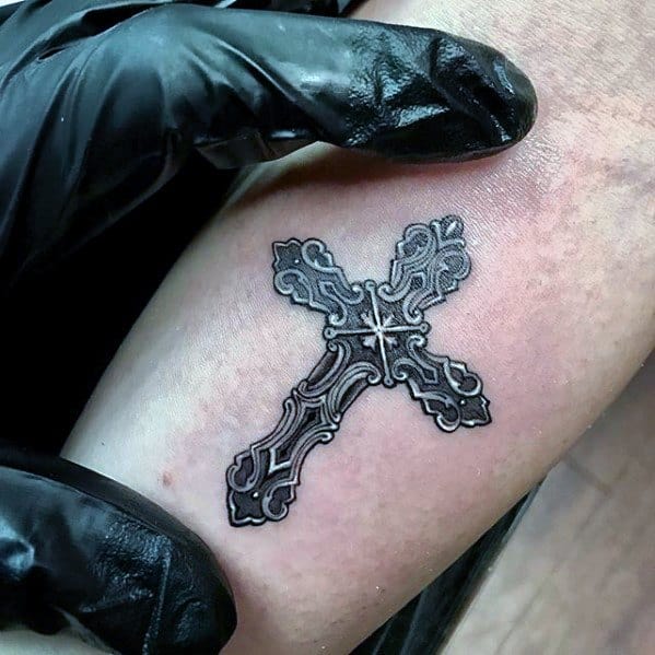 Silver Small Religious Cross Mens Inner Forearm Tattoo