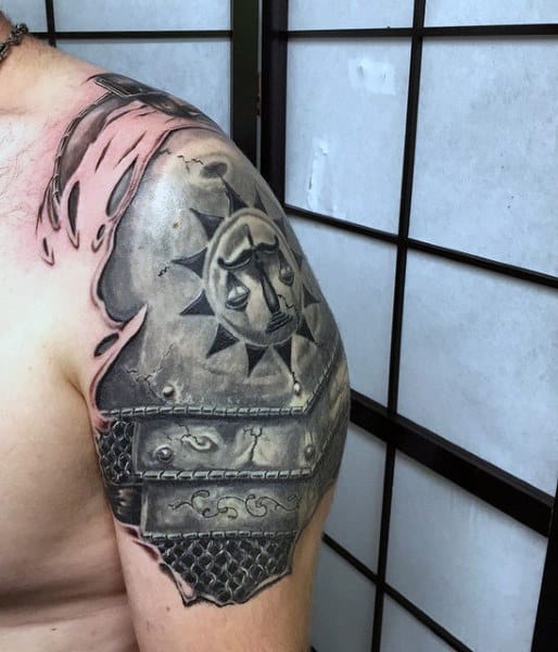 Silver Steel Knight Armor Shoulder Tattoo For Men