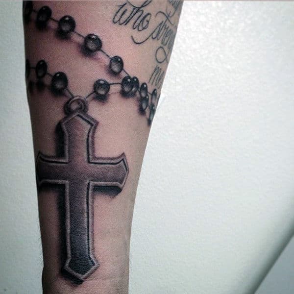 Simple 3d Cross With Rosary Tattoo For Men