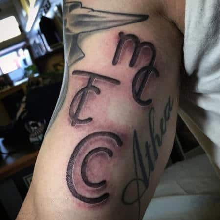 Simple Black And Grey Lettering Tattoo On Male Inner Bicep