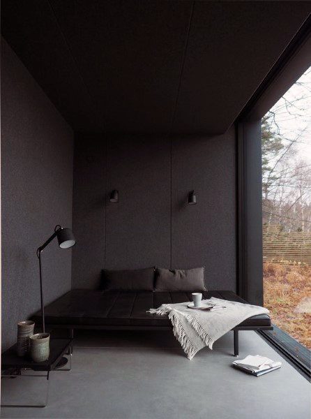 Simple Black Bedroom With Floor To Ceiling Glass Window