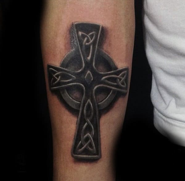 Simple Black Ink Celtic Cross Shaded Forearm Tattoos For Guys