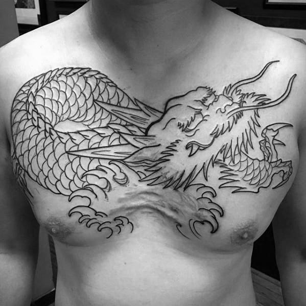 Simple Black Ink Outline Guys Old School Tattoo Of Dragon On Chest
