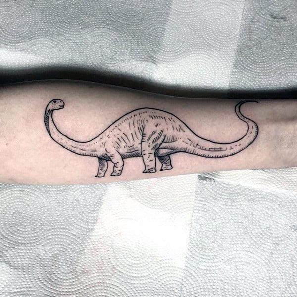Simple Black Outline Of Dinosaur Tattoo Male Forearms