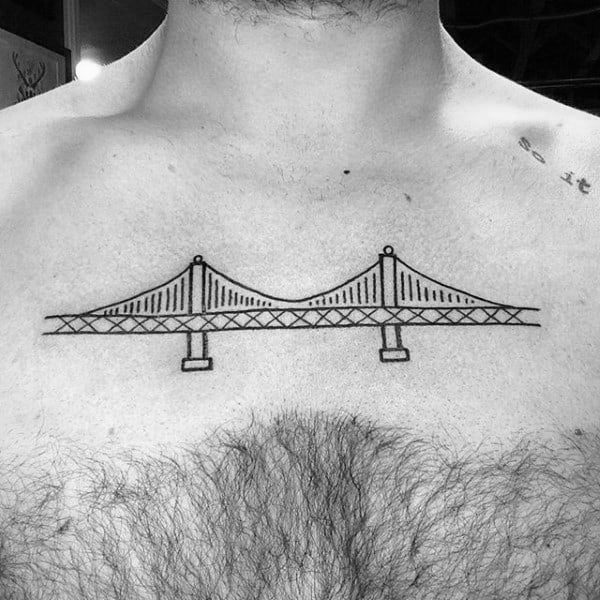 Simple Bridge Guys Chest Tattoo With Black Ink Lines