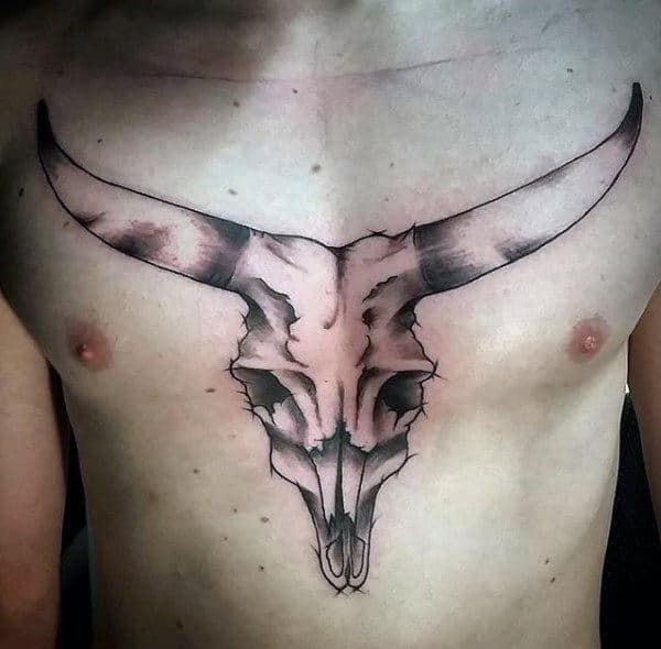 Simple Chest Bull Skull Male Tattoo Ideas