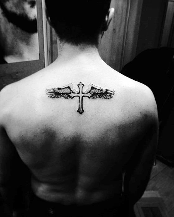 Simple Christian Cross With Wings Male Back Tattoo