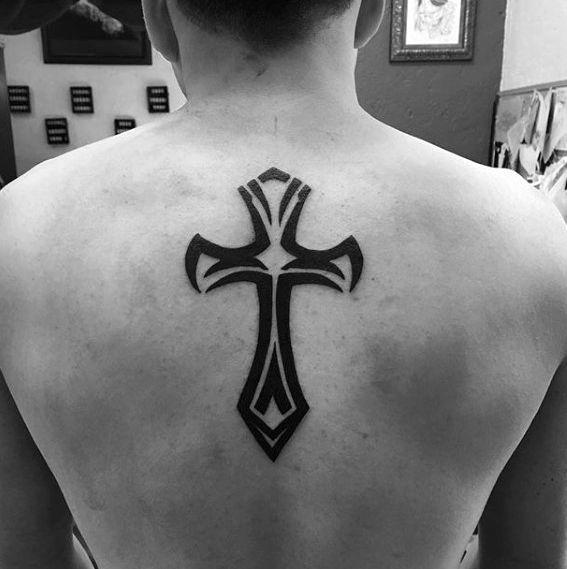 Simple Christian Tribal Mens Back Cross Tattoo