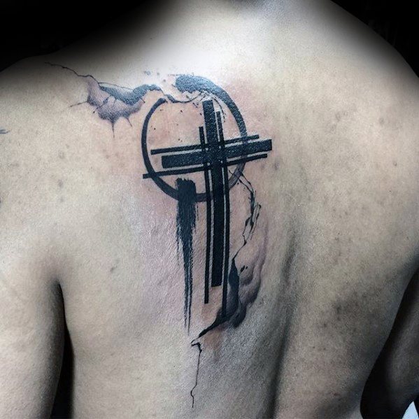 Simple Christian Watercolor Mens Back Cross Tattoo Ideas.