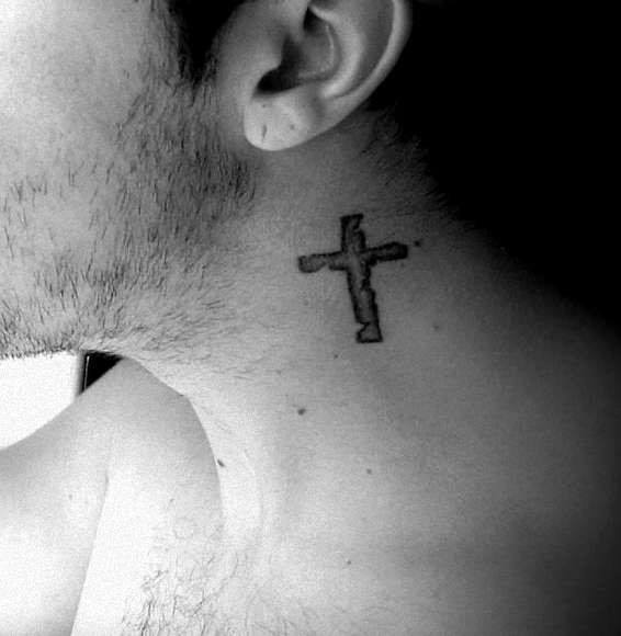 Simple Cross On Neck Male Tattoo With Small Design