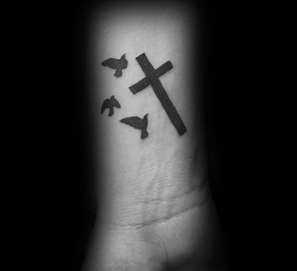 Simple Cross With Birds Flying Mens Inner Forearm Tattoo