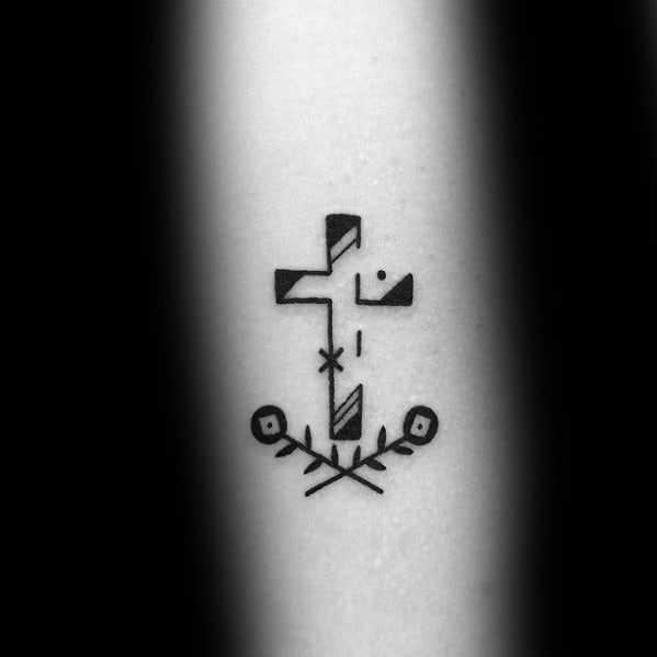 Simple Cross With Flowers Mens Forearm Tattoo