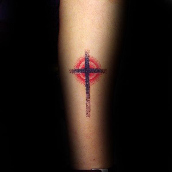simple-cross-with-red-sun-guys-forearm-tattoo