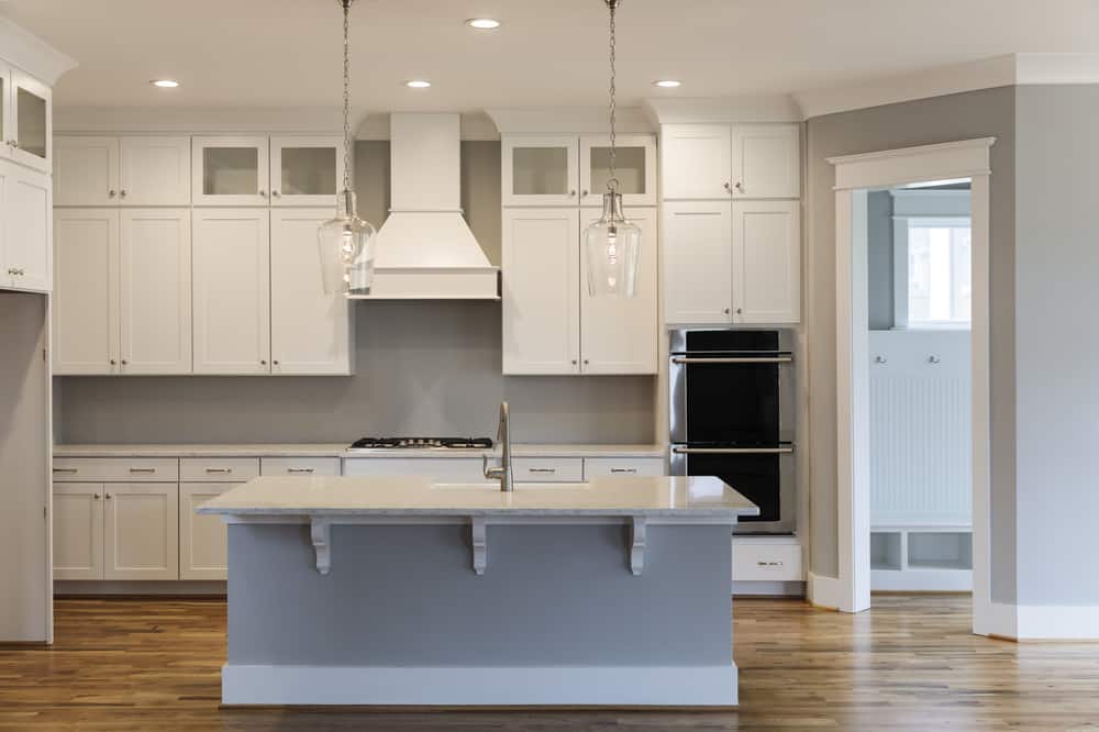 simple farmhouse kitchen white cabinets pendant lights