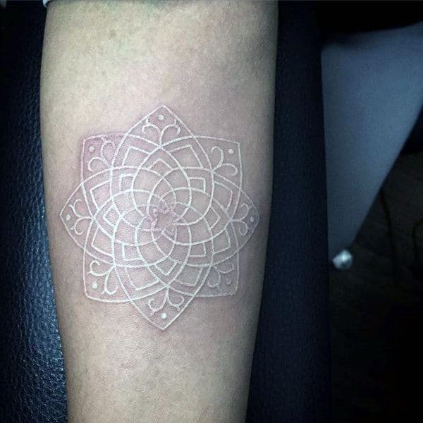 Simple Floral Outline Shape White Ink Male Tattoo On Inner Forearm