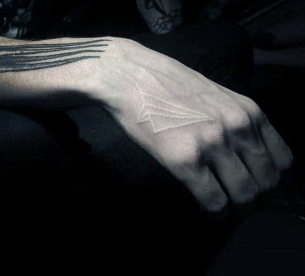 Simple Flying Paper Airplane White Ink Hand Tattoo For Guys