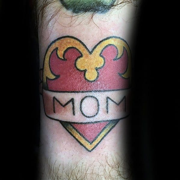 Simple Gold And Red Heart Traditional Mom Mens Tattoo Designs On Forearms