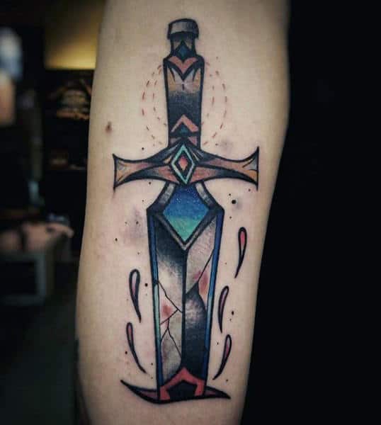 Simple Guys Color Sword Tattoo On Inner Forearm