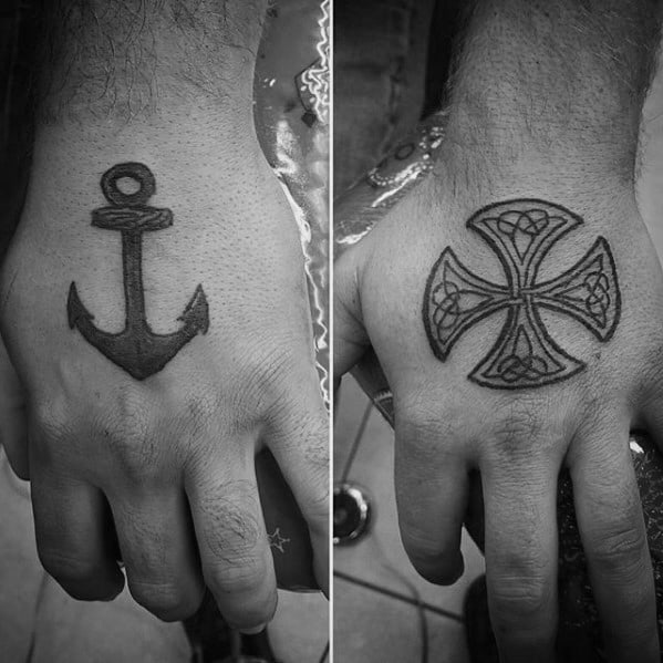 Simple Hand Anchor And Cross Guys Tattoos