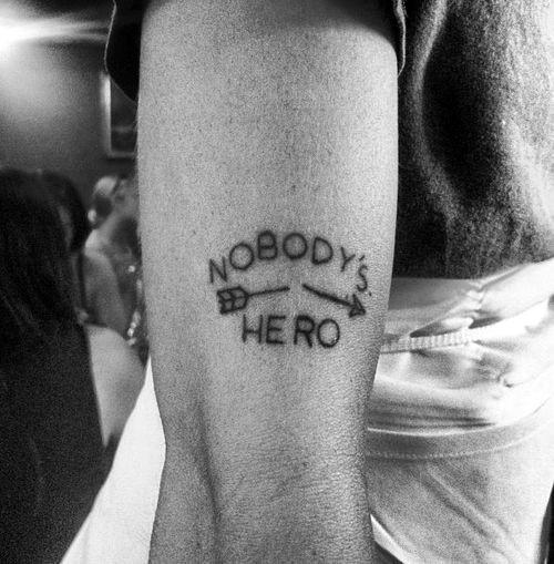 Simple Mens Nobodys Hero Quote Broken Arrow Tattoo Designs