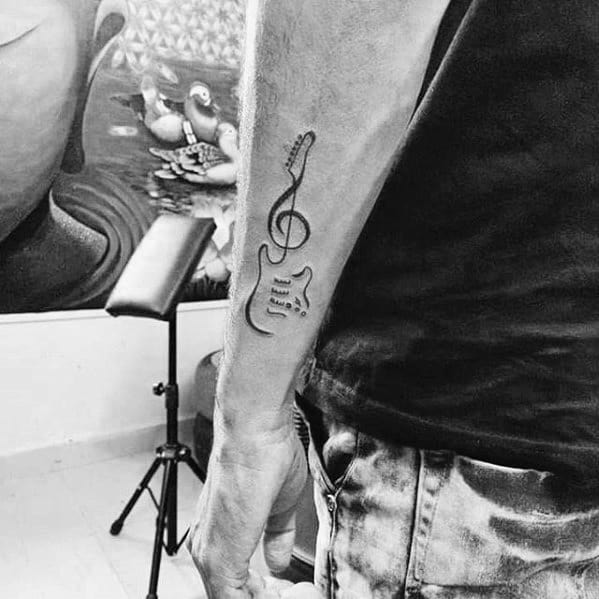 Simple Music Guitar Guys Outer Forearm Note Tattoo