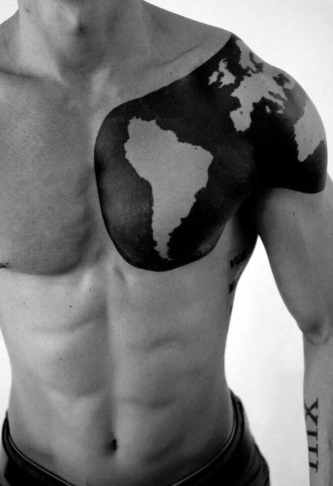Simple Negative Space World Map Guys Chest Tattoos