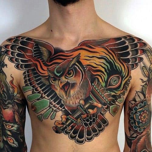 Full Chest Owl Men's Tattoos