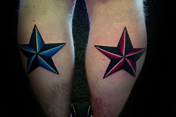 Simple Red And Blue Nautical Stars Mens Leg Calf Tattoo Designs