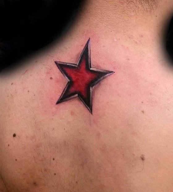 Simple Red Ink Upper Back Male 3d Star Tattoo Ideas