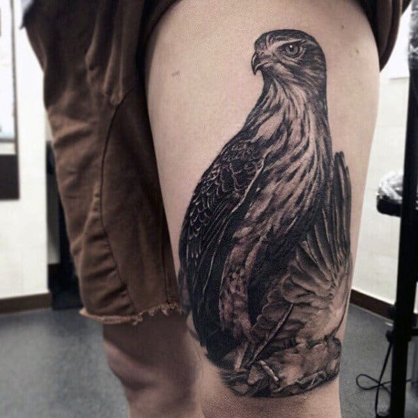 Simple Shaded Hawk Design Tattoo On Mans Thigh