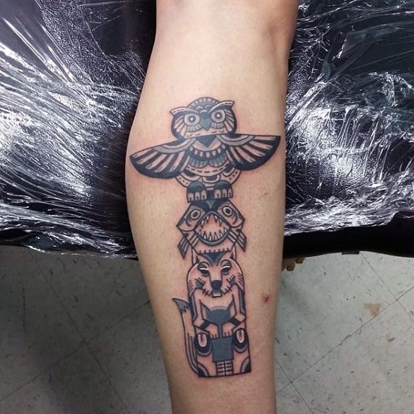Simple Shaded Owl Fish And Wolf Totem Pole Tattoo On Calf On Gentleman