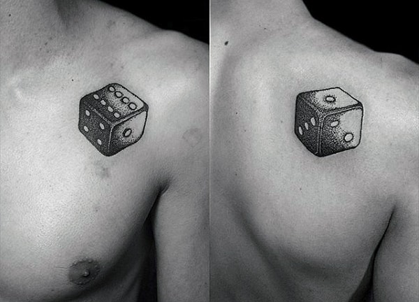 Simple Small Male Dice Tattoo On Chest And Shoulder.