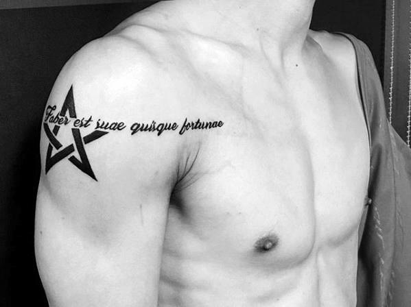 Simple Star With Quote Guys Upper Arm Tattoo