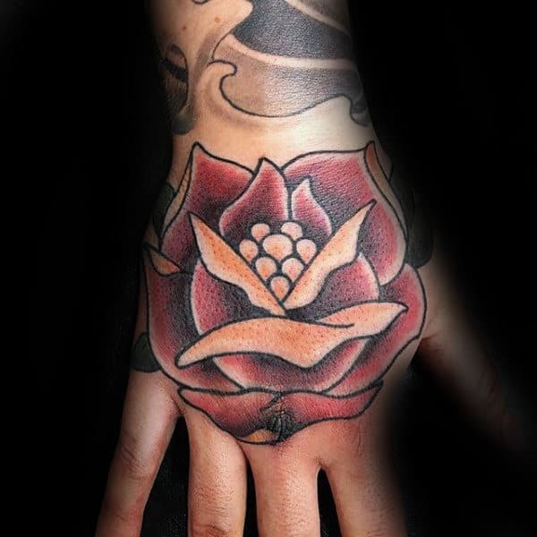 Simple Traditional Rose Mens Hand Tattoos