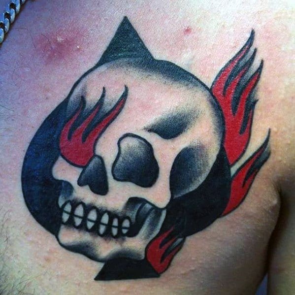 Simple Traditional Upper Chest Male Flaming Skull Tattoo Design Inspiration