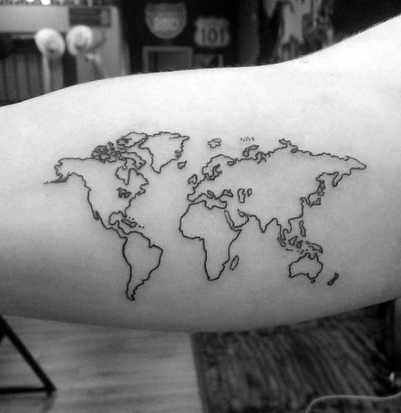 Simple Travel World Map Black Ink Outline Bicep Tattoos For Guys