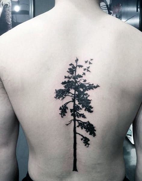 Simple Tree With Leaves Male Spine Tattoos