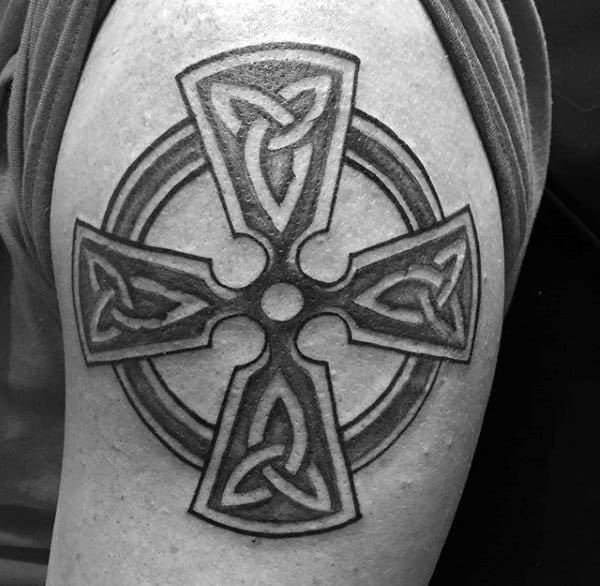 Simple Upper Arm Celtic Cross Male Tattoo Design Ideas