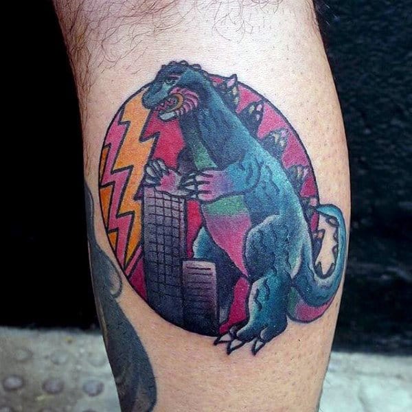 Simplistic Outlined Tattoo Of Godzilla With Red Sun On Man